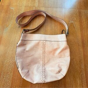 Faux Leather Blush Pink Crossbody Hobo Slouchy Bag Whipstitch Detail Pocket Boho